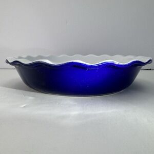 Emile Henry ‎ France 9" Pie/Quiche Baking Dish Ruffled Edge White Cobalt Blue